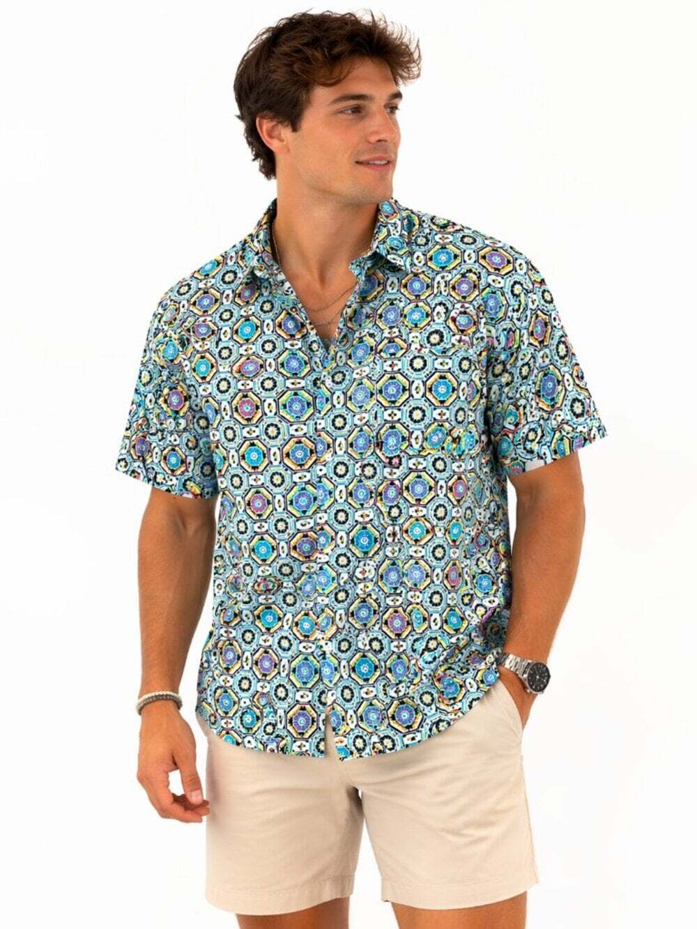 Robert Graham Blue Multi Geo Print Button Up Shirt Short Sleeve Large Luxury XL